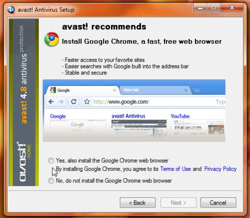 谷歌Chrome浏览器将与杀毒软件Avast捆绑(图)