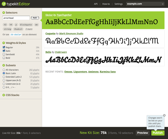 TypeKit Editor interface