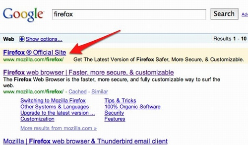 在谷歌搜索“Firefox”显示的第一个链接是虚假广告